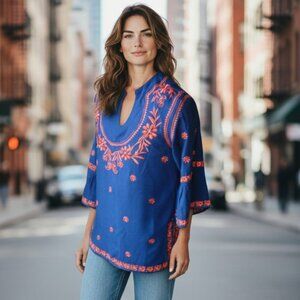 Escapada Montreux Indigo Cobalt Blue Embroidered Tunic Top, Like New Size XS
